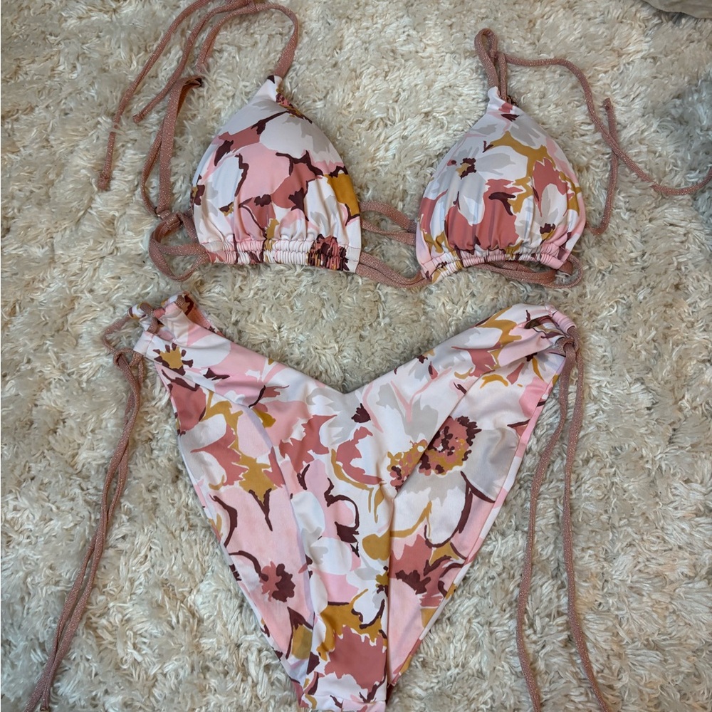 Pink and White Floral String Bikini